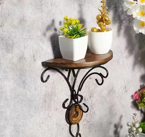 Vintage Wrought Iron Wall Shelf Set of 3 Decorative Floating Wall Shelves with Wooden Round Platform Rustic Wall Mount Display Rack for Living Room Bedroom Kitchen Home Decor image 2