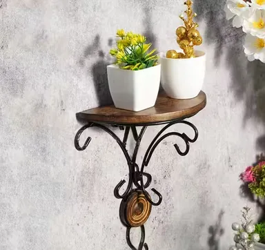 Vintage Wrought Iron Wall Shelf Set of 3 Decorative Floating Wall Shelves with Wooden Round Platform Rustic Wall Mount Display Rack for Living Room Bedroom Kitchen Home Decor thumbnail 1