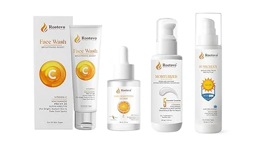 RootoVo Vitamin C Skincare Combo Kit Face Wash Serum Moisturizer Sunscreen SPF 50 Brightening Anti Dark Spot Hydrating Ceramide Niacinamide Skin Care Set For Men Women India image 1