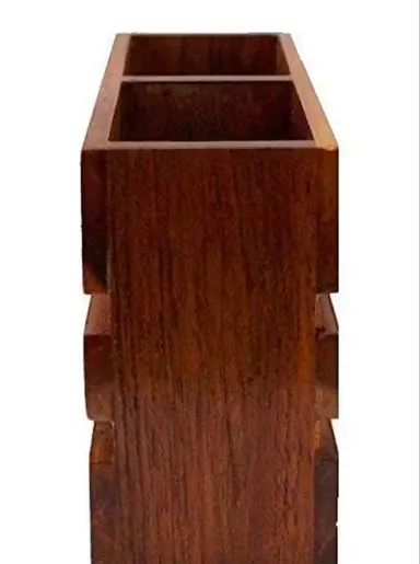 Handcrafted Solid Wooden Cutlery Holder 2 Compartment Kitchen Spoon Stand Utensil Organizer Rustic Brown Dining Table Cutlery Storage Box Wooden Spoon Holder thumbnail 1