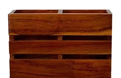 Handcrafted Solid Wooden Cutlery Holder 2 Compartment Kitchen Spoon Stand Utensil Organizer Rustic Brown Dining Table Cutlery Storage Box Wooden Spoon Holder image 3