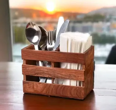 Handcrafted Solid Wooden Cutlery Holder 2 Compartment Kitchen Spoon Stand Utensil Organizer Rustic Brown Dining Table Cutlery Storage Box Wooden Spoon Holder thumbnail 3