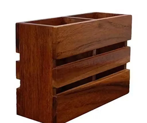 Handcrafted Solid Wooden Cutlery Holder 2 Compartment Kitchen Spoon Stand Utensil Organizer Rustic Brown Dining Table Cutlery Storage Box Wooden Spoon Holder image 1
