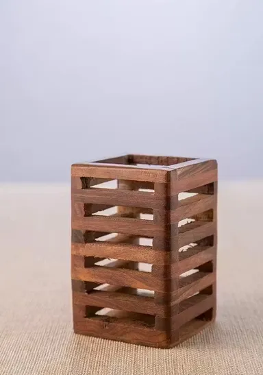 Handcrafted Wooden Square Tea Light Candle Holder Natural Wood Decorative Lantern Table Centrepiece Home Decor Candle Stand for Living Room Bedroom Dining Table Festive Decor thumbnail 2