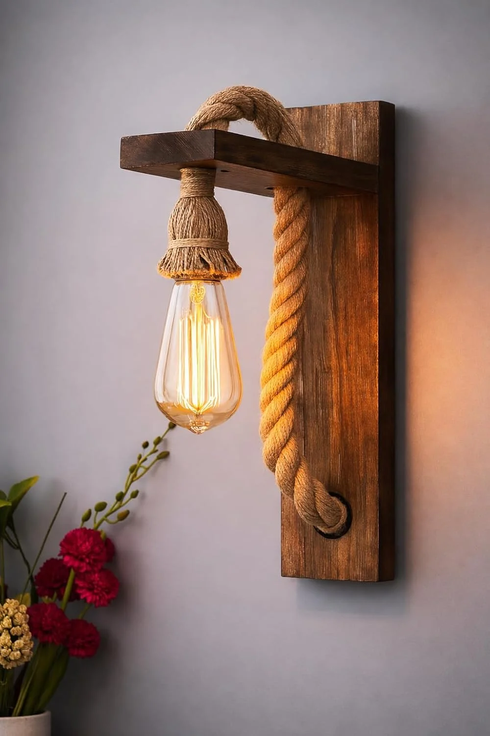 Wooden Rope Wall Lamp with E27 Holder | Vintage Rustic Antique Hanging Wall Light Sconce for Home Decor, Living Room, Bedroom, Hallway Decorative Lighting |Pack of 1 image 3
