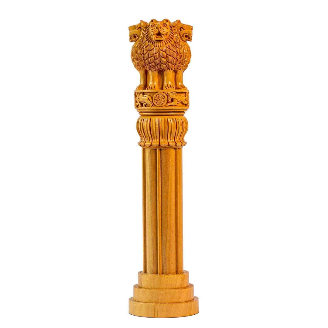 Ashoka Lion Capital Wooden Statue Indian National Emblem Ashoka Pillar Sculpture Handcrafted Wooden Ashoka Stambh Decorative Table Showpiece for Office Home Government Decor image 1