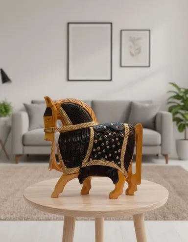 Hand Carved Wooden Horse Statue Decorative Wooden Horse Figurine Handmade Wooden Horse Showpiece Traditional Indian Handicraft Table Decor Home Office Decoration Gift Item thumbnail 1