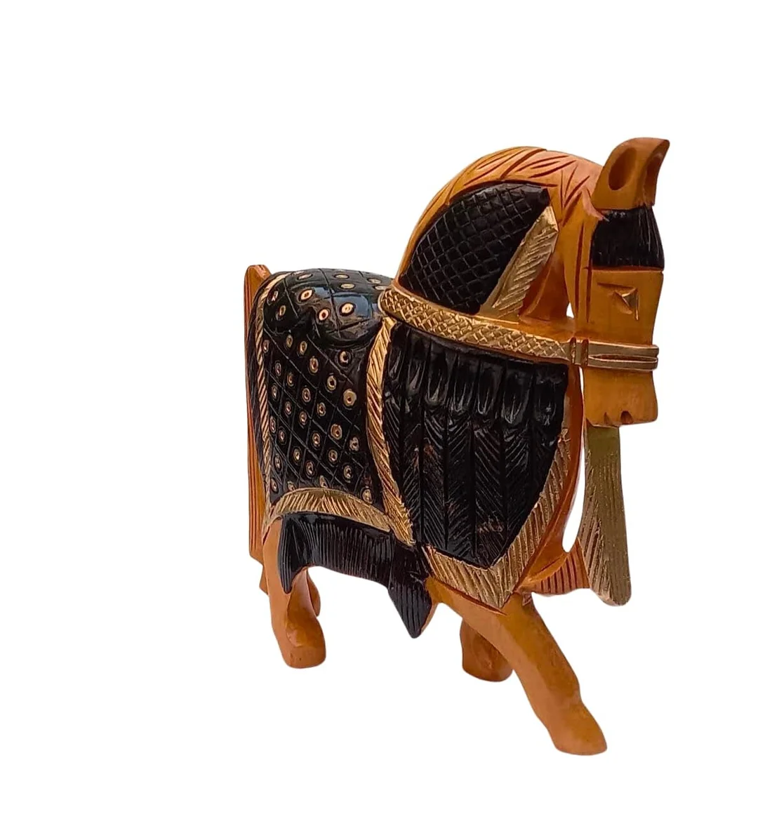 Hand Carved Wooden Horse Statue Decorative Wooden Horse Figurine Handmade Wooden Horse Showpiece Traditional Indian Handicraft Table Decor Home Office Decoration Gift Item image 4