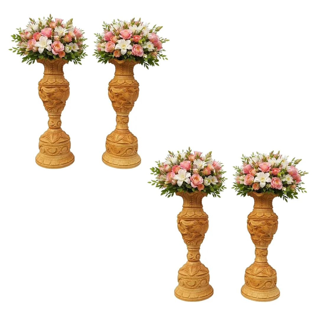 Luxury Decorative Flower Vase Stand Set Royal Carved Pedestal Vase Stand with Artificial Flower Arrangement Tall Floor Flower Vase Stand Wedding Stage Decoration Living Room Luxury Decor image 1
