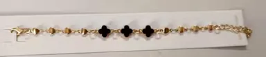 Women Gold Plated Clover Charm Bracelet with Black Flower Motifs Pearl Bead Chain Adjustable Fashion Bracelet for Girls Party Wear Jewellery Gift for Women thumbnail 0