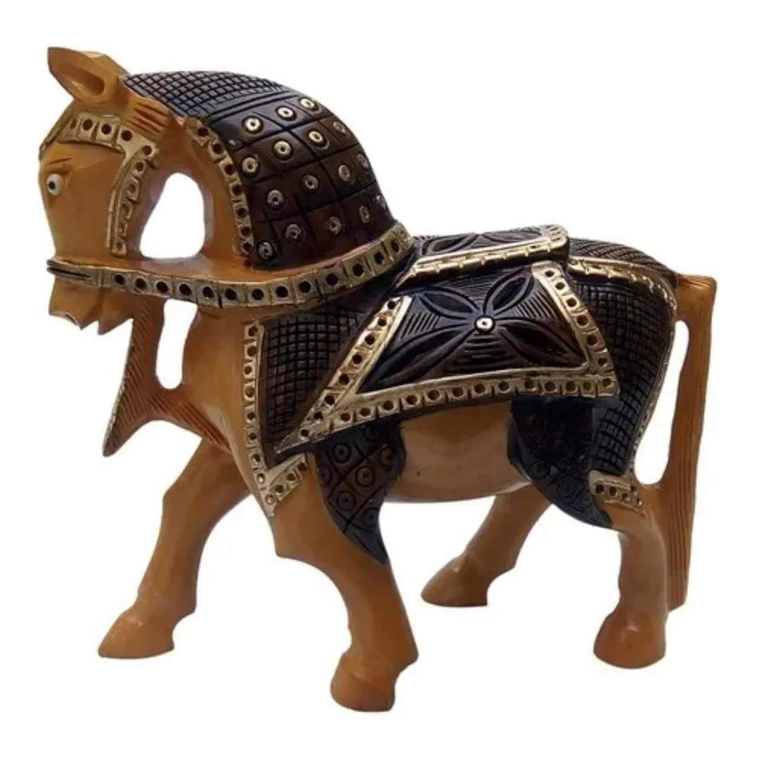 Hand Carved Wooden Horse Statue Decorative Royal Wooden Horse Figurine Traditional Indian Horse Showpiece Handcrafted Animal Sculpture Table Decor Home Living Room Office Gift image 1
