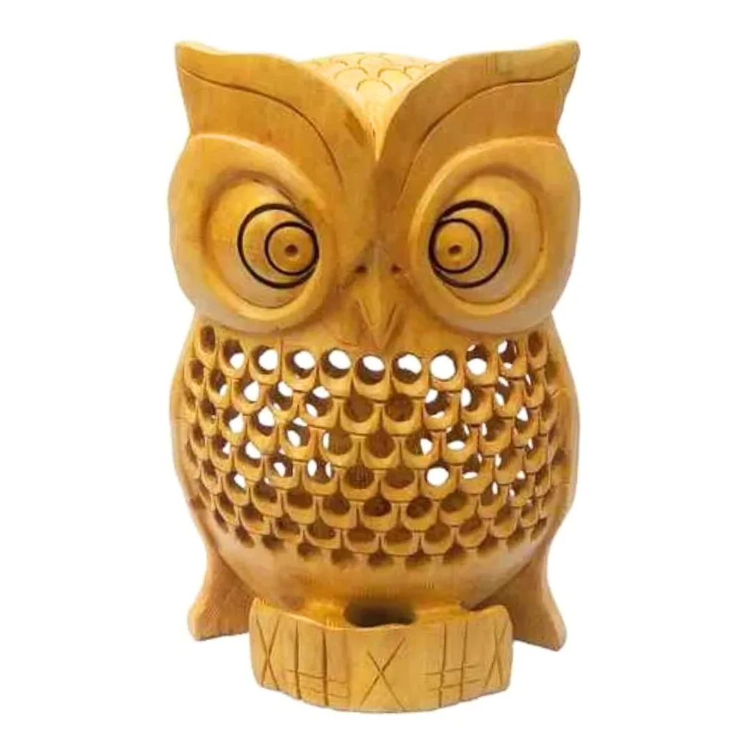 Hand Carved Wooden Owl Tea Light Candle Holder Decorative Wooden Owl Statue Handmade Owl Figurine Wood Carving Table Decor Home Living Room Shelf Decoration Gift Item image 1