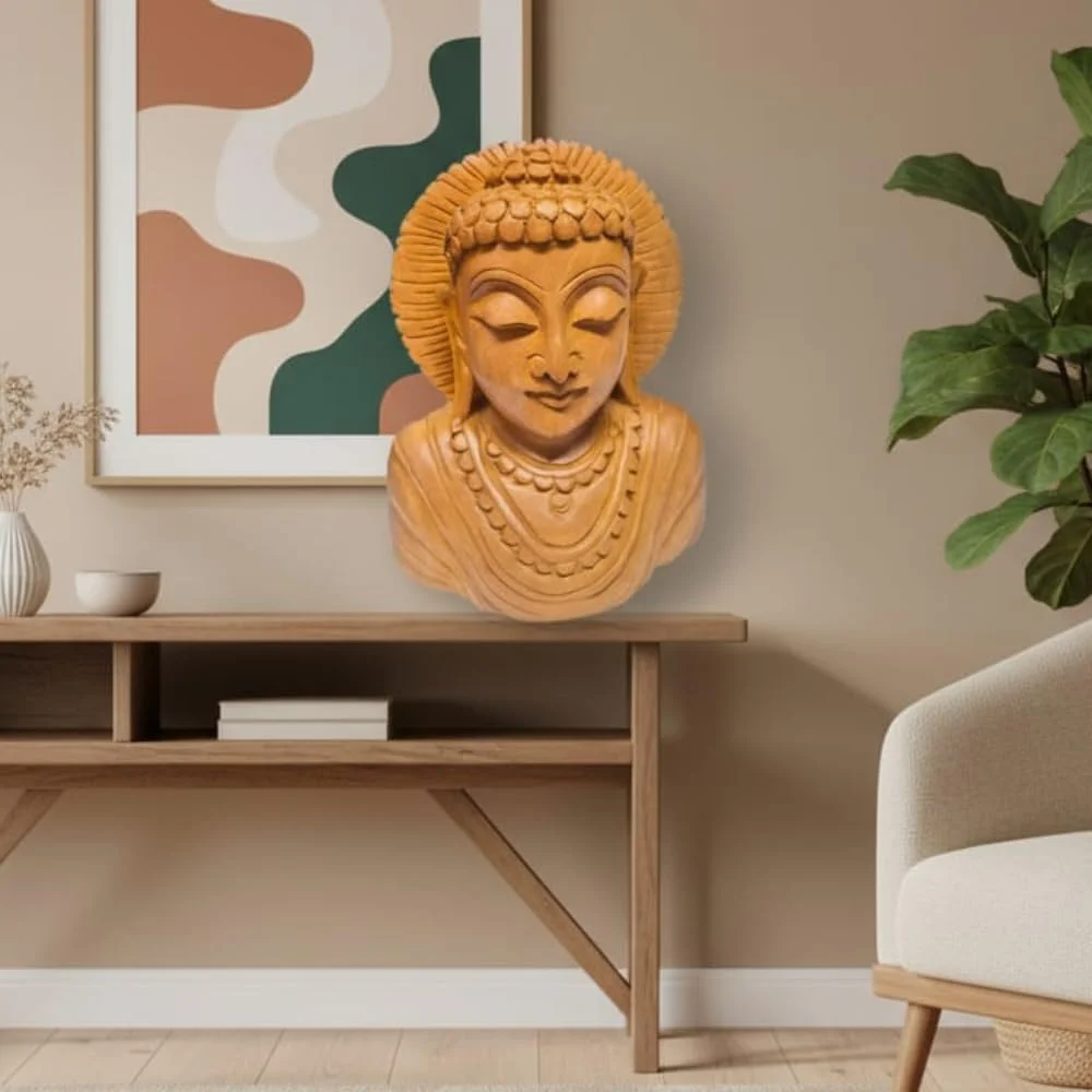 Hand Carved Wooden Buddha Face Statue Decorative Wooden Buddha Head Sculpture Handmade Wood Carving Buddha Idol Meditation Decor Living Room Table Decor Spiritual Gift Item image 2