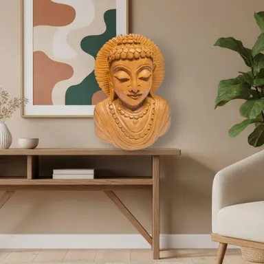 Hand Carved Wooden Buddha Face Statue Decorative Wooden Buddha Head Sculpture Handmade Wood Carving Buddha Idol Meditation Decor Living Room Table Decor Spiritual Gift Item thumbnail 1