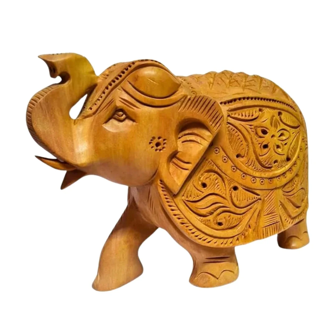 Hand Carved Wooden Elephant Statue Decorative Wooden Elephant Figurine Traditional Indian Wood Carving Elephant Showpiece Handmade Animal Sculpture Home Living Room Table Decor Gift image 1