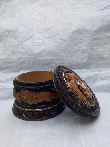 Hand Carved Wooden Elephant Decorative Box Round Wooden Elephant Carving Storage Box Handmade Wooden Jewellery Box Traditional Handicraft Trinket Box Home Decor Gift thumbnail 1