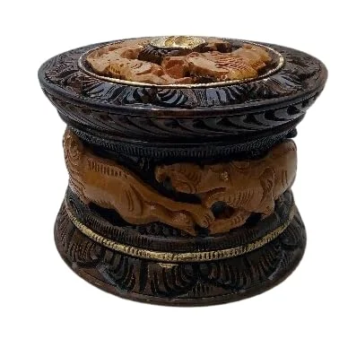 Hand Carved Wooden Elephant Decorative Box Round Wooden Elephant Carving Storage Box Handmade Wooden Jewellery Box Traditional Handicraft Trinket Box Home Decor Gift image 1