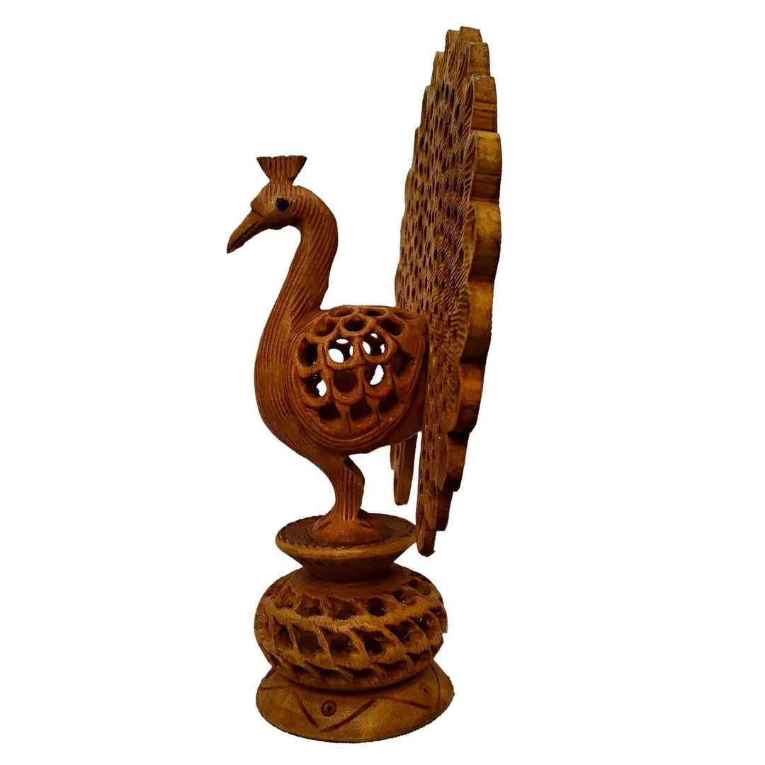 Hand Carved Wooden Peacock Statue Decorative Wooden Peacock Figurine Handmade Wood Carving Peacock Showpiece Traditional Indian Bird Sculpture Home Living Room Decor Gift image 2