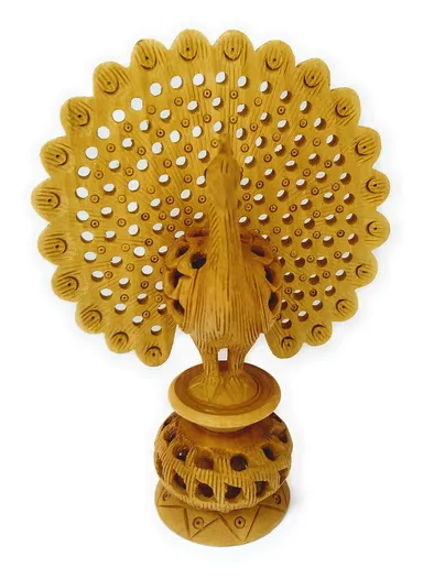 Hand Carved Wooden Peacock Statue Decorative Wooden Peacock Figurine Handmade Wood Carving Peacock Showpiece Traditional Indian Bird Sculpture Home Living Room Decor Gift thumbnail 2