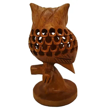Hand Carved Wooden Owl Statue Decorative Owl Figurine Handcrafted Wood Bird Sculpture Home Decor Tabletop Showpiece Rustic Owl Art Gift for Living Room Office Study Shelf Decoration thumbnail 1