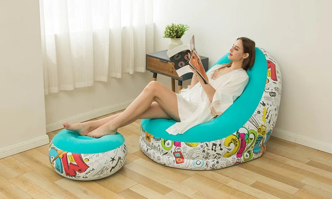 Inflatable Lazy Sofa Bean Bag Chair with Footrest Portable Air Lounge Chair Cartoon Printed Relaxing Seat for Living Room Bedroom Balcony Camping Travel Indoor Outdoor image 1