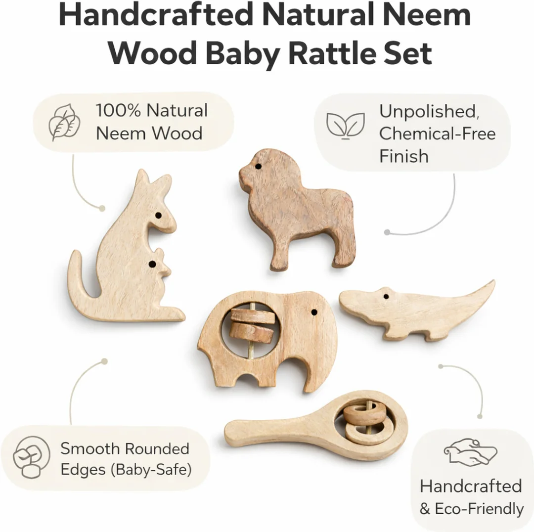 Natural Wooden Baby Rattle Toy Set Animal Shape Teether Toys Elephant Kangaroo Sheep Crocodile Montessori Infant Sensory Toy Eco Friendly Wooden Rattle for Newborn Baby Natural Wooden Baby Rattle Toy Set Animal Shape Teether Toys Elephant Kangaroo Sheep C image 2