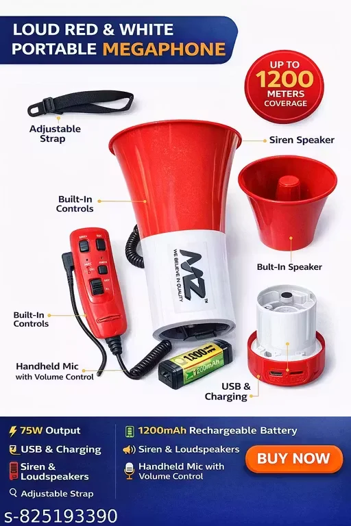 75W Rechargeable Portable Megaphone Loudspeaker with Handheld Microphone 1200m Range Siren Speaker USB Charging Adjustable Strap Public Address Loud Hailer image 1