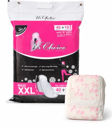 UrChoice Maxi XXL Sanitary Pads 40+10 Pack Ultra Long High Absorbency Anti Bacterial Soft Cotton Feel Day Night Protection Women Hygiene Pads India thumbnail 1