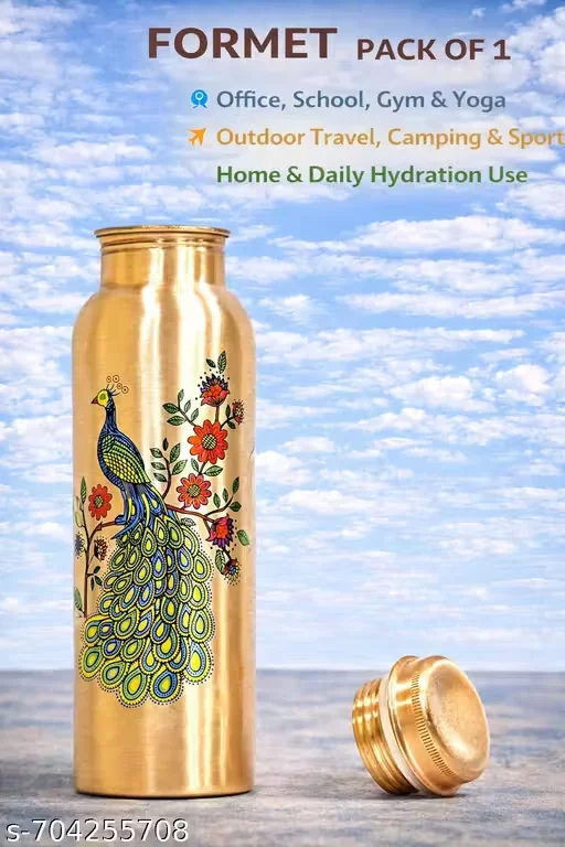 Premium Printed Copper Water Bottle 1 Litre Leak Proof Ayurvedic Health Bottle for Drinking Water Office School Gym Yoga Travel Camping Home Hydration Bottle image 3