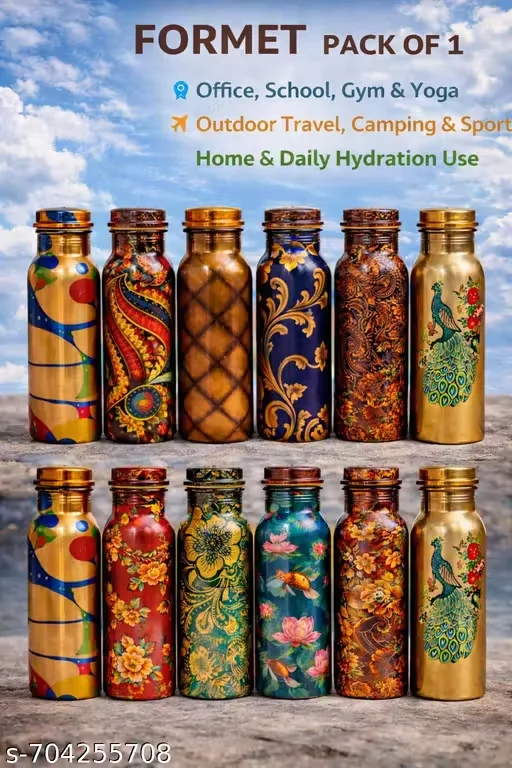 Premium Printed Copper Water Bottle 1 Litre Leak Proof Ayurvedic Health Bottle for Drinking Water Office School Gym Yoga Travel Camping Home Hydration Bottle image 4
