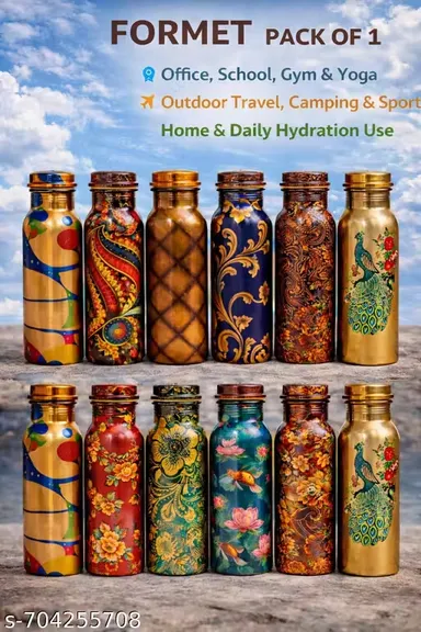 Premium Printed Copper Water Bottle 1 Litre Leak Proof Ayurvedic Health Bottle for Drinking Water Office School Gym Yoga Travel Camping Home Hydration Bottle thumbnail 3