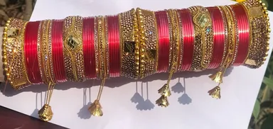 Traditional Indian Bridal Red Chura Bangle Set with Gold Stone Studded Bangles Mirror Work Kalire Latkan Wedding Punjabi Bridal Chooda Set for Women thumbnail 1