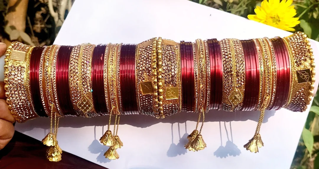 Bridal Red Gold Plated Chooda Bangle Set for Women Traditional Wedding Chura Bangles with Stone Work Latkan Design Punjabi Bridal Jewellery Set image 1