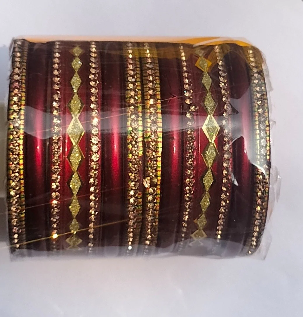 Maroon Bridal Chura Bangles Set with Gold Stone Work Traditional Indian Wedding Bangles for Women Punjabi Chooda Set Festival Bridal Jewellery Glass Lac Designer Bangles image 2