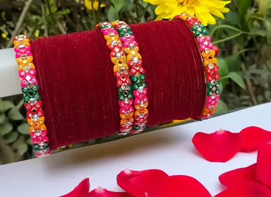 Traditional Multicolour Stone Studded Designer Bangles Set for Women Bridal Party Wear Crystal Kundan Style Colourful Festival Jewellery Kada Bracelet Set thumbnail 1