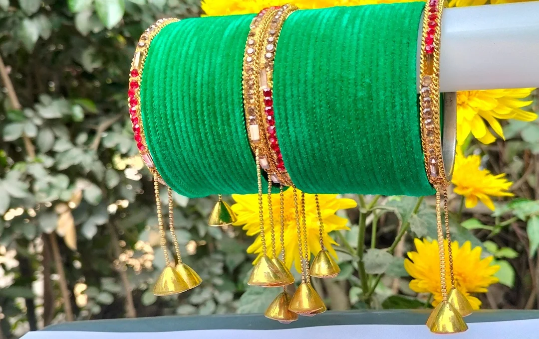 Green Silk Thread Bangles Set for Women Bridal Chuda Set with Gold Plated Stone Kada Indian Wedding Traditional Jewellery Bangle Set for Festivals Karwa Chauth Mehndi Bridal Wear image 2