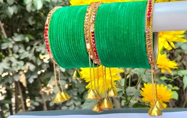 Green Silk Thread Bangles Set for Women Bridal Chuda Set with Gold Plated Stone Kada Indian Wedding Traditional Jewellery Bangle Set for Festivals Karwa Chauth Mehndi Bridal Wear thumbnail 1