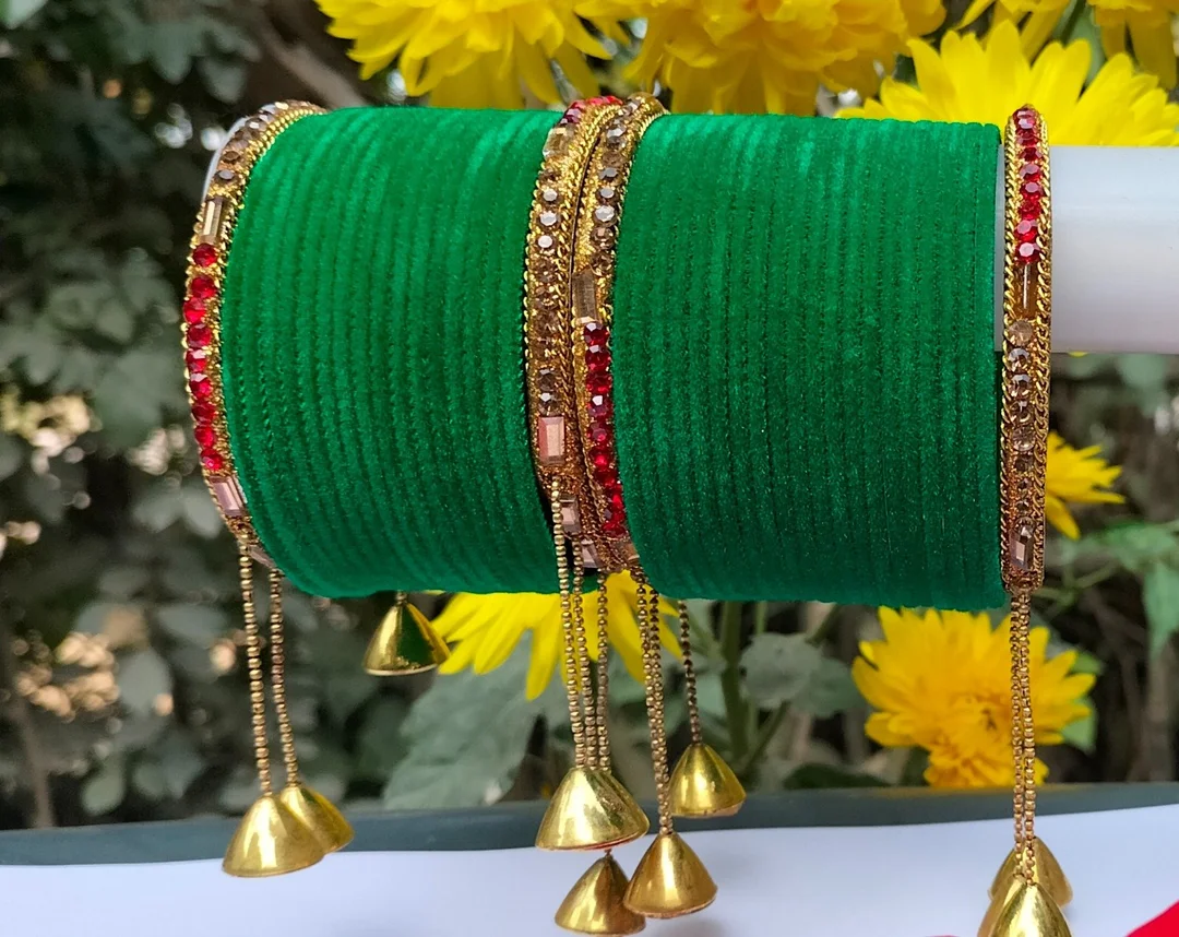 Green Silk Thread Bangles Set for Women Bridal Chuda Set with Gold Plated Stone Kada Indian Wedding Traditional Jewellery Bangle Set for Festivals Karwa Chauth Mehndi Bridal Wear image 3