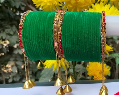 Green Silk Thread Bangles Set for Women Bridal Chuda Set with Gold Plated Stone Kada Indian Wedding Traditional Jewellery Bangle Set for Festivals Karwa Chauth Mehndi Bridal Wear thumbnail 2