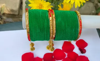 Green Silk Thread Bangles Set for Women Bridal Chuda Set with Gold Plated Stone Kada Indian Wedding Traditional Jewellery Bangle Set for Festivals Karwa Chauth Mehndi Bridal Wear thumbnail 3