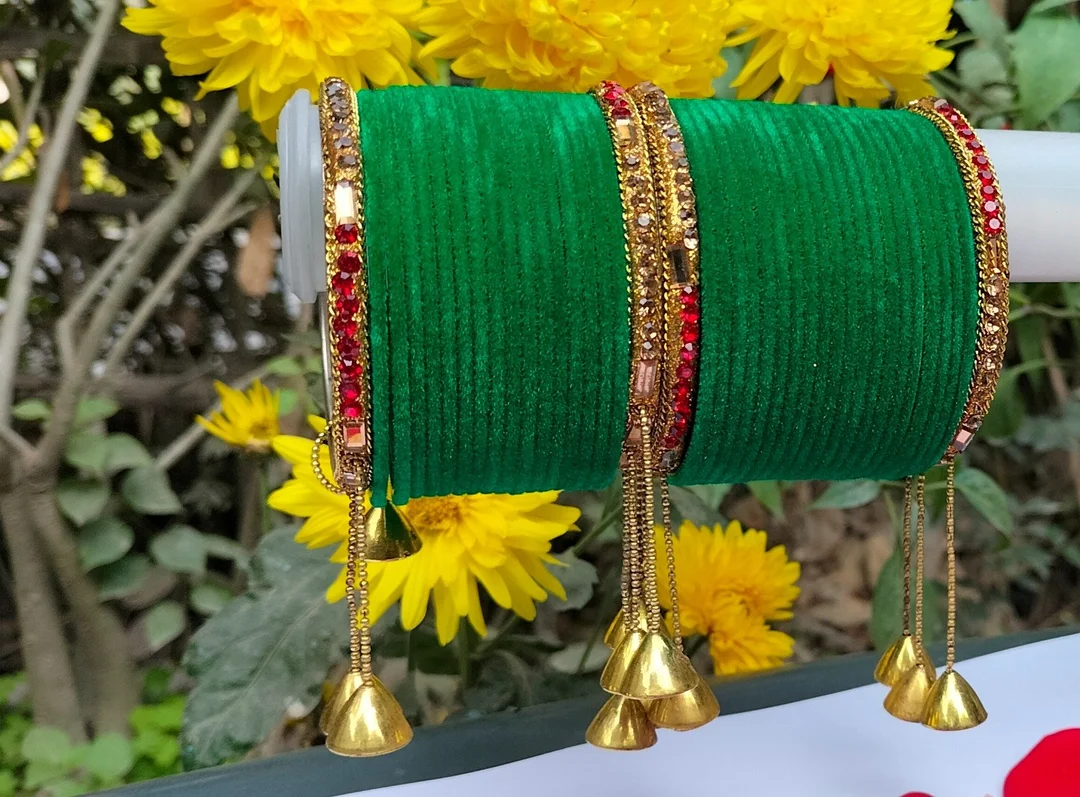 Green Silk Thread Bangles Set for Women Bridal Chuda Set with Gold Plated Stone Kada Indian Wedding Traditional Jewellery Bangle Set for Festivals Karwa Chauth Mehndi Bridal Wear image 1