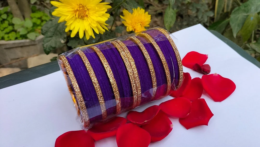 Purple Velvet Bridal Bangles Set with Gold Glitter Borders for Women Traditional Wedding Chooda Set Festival Party Wear Bangle Set for Saree Lehenga Ethnic Jewellery image 1