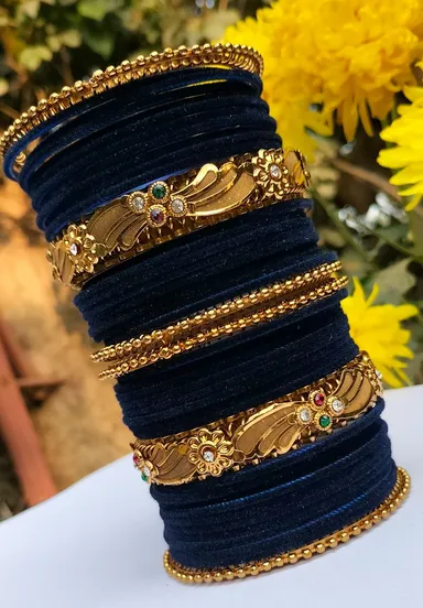 Royal Traditional Gold Plated Floral Designer Bangles Set for Women with Velvet Thread Bangles, Stone Studded Bridal Wedding Party Wear Indian Ethnic Jewellery Set Blue Velvet Kada Bangles thumbnail 1