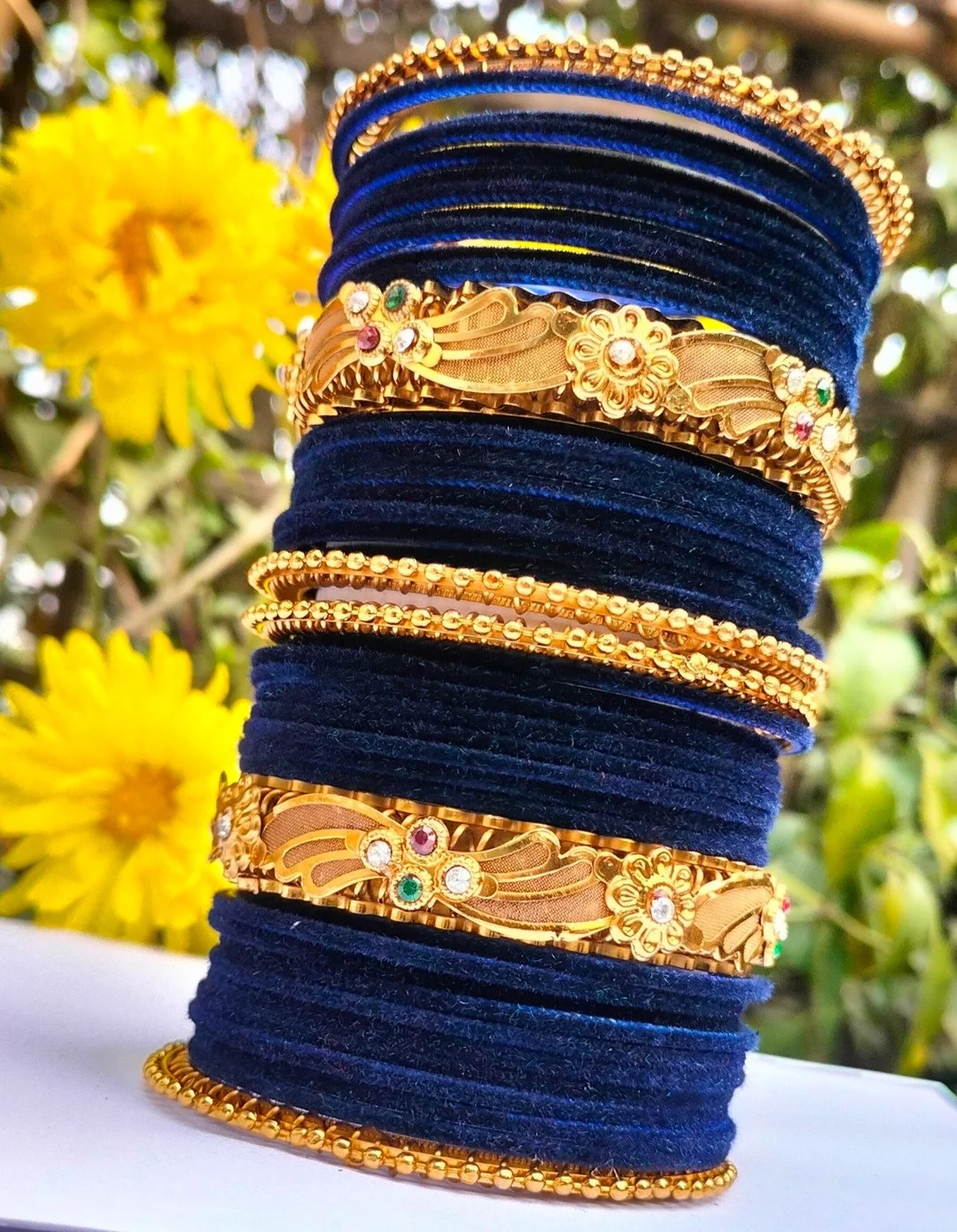 Royal Traditional Gold Plated Floral Designer Bangles Set for Women with Velvet Thread Bangles, Stone Studded Bridal Wedding Party Wear Indian Ethnic Jewellery Set Blue Velvet Kada Bangles image 3
