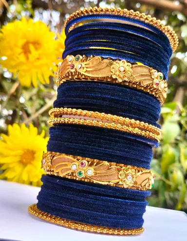 Royal Traditional Gold Plated Floral Designer Bangles Set for Women with Velvet Thread Bangles, Stone Studded Bridal Wedding Party Wear Indian Ethnic Jewellery Set Blue Velvet Kada Bangles thumbnail 2