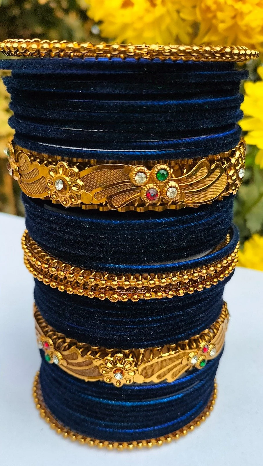 Royal Traditional Gold Plated Floral Designer Bangles Set for Women with Velvet Thread Bangles, Stone Studded Bridal Wedding Party Wear Indian Ethnic Jewellery Set Blue Velvet Kada Bangles image 4