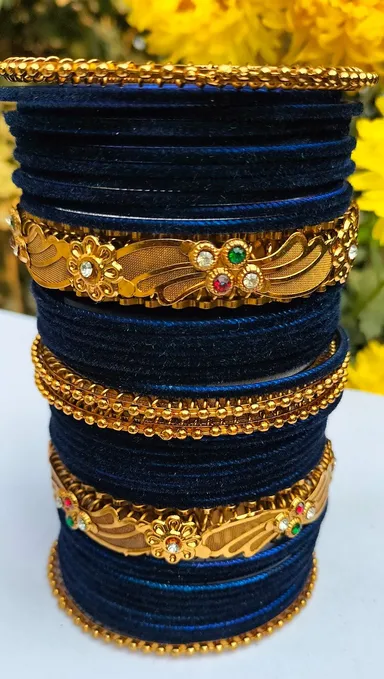 Royal Traditional Gold Plated Floral Designer Bangles Set for Women with Velvet Thread Bangles, Stone Studded Bridal Wedding Party Wear Indian Ethnic Jewellery Set Blue Velvet Kada Bangles thumbnail 3