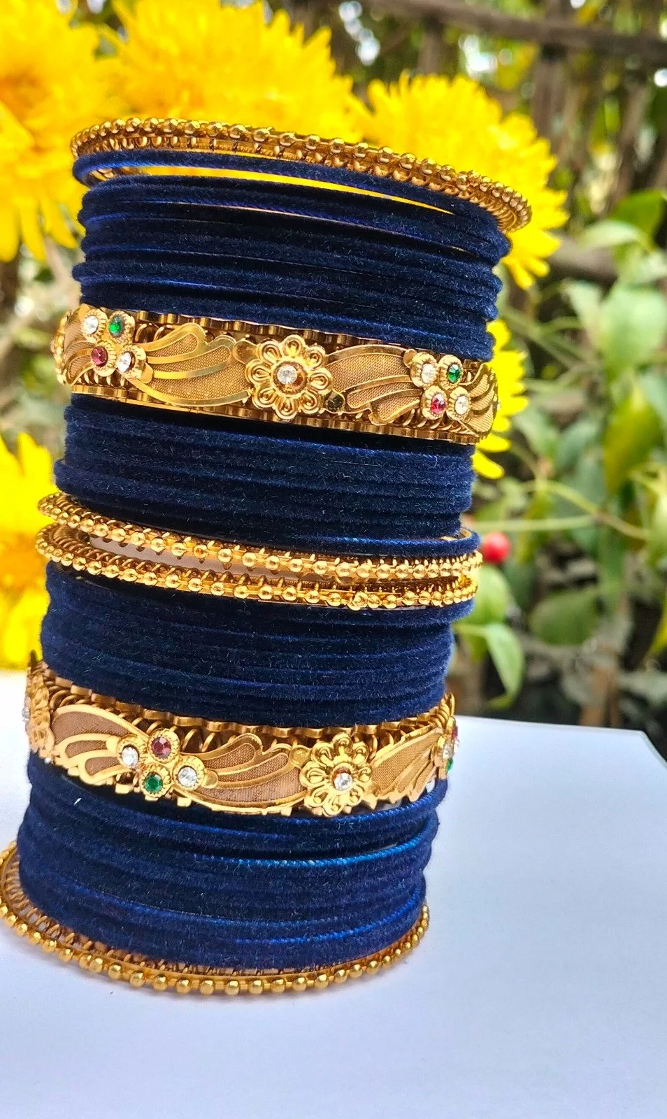 Royal Traditional Gold Plated Floral Designer Bangles Set for Women with Velvet Thread Bangles, Stone Studded Bridal Wedding Party Wear Indian Ethnic Jewellery Set Blue Velvet Kada Bangles image 1