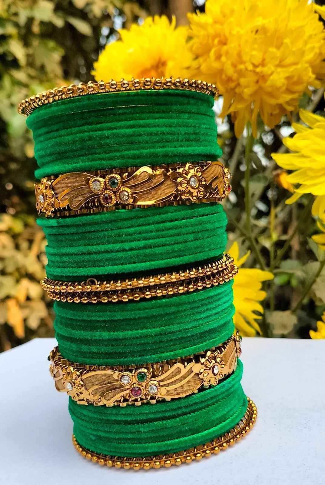 Green Velvet Bridal Chura Bangles Set with Gold Plated Floral Kundan Kada Traditional Indian Wedding Chooda Jewellery Set for Women Punjabi Bridal Bangles Festival Wear image 2