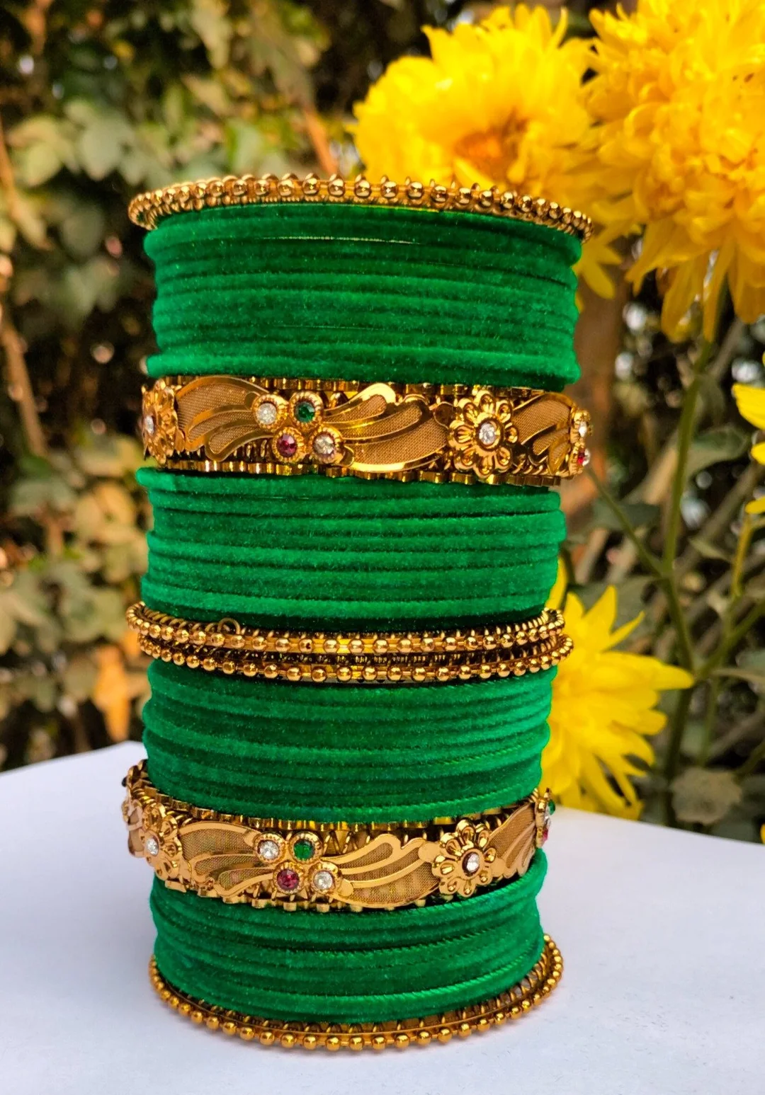 Green Velvet Bridal Chura Bangles Set with Gold Plated Floral Kundan Kada Traditional Indian Wedding Chooda Jewellery Set for Women Punjabi Bridal Bangles Festival Wear image 4